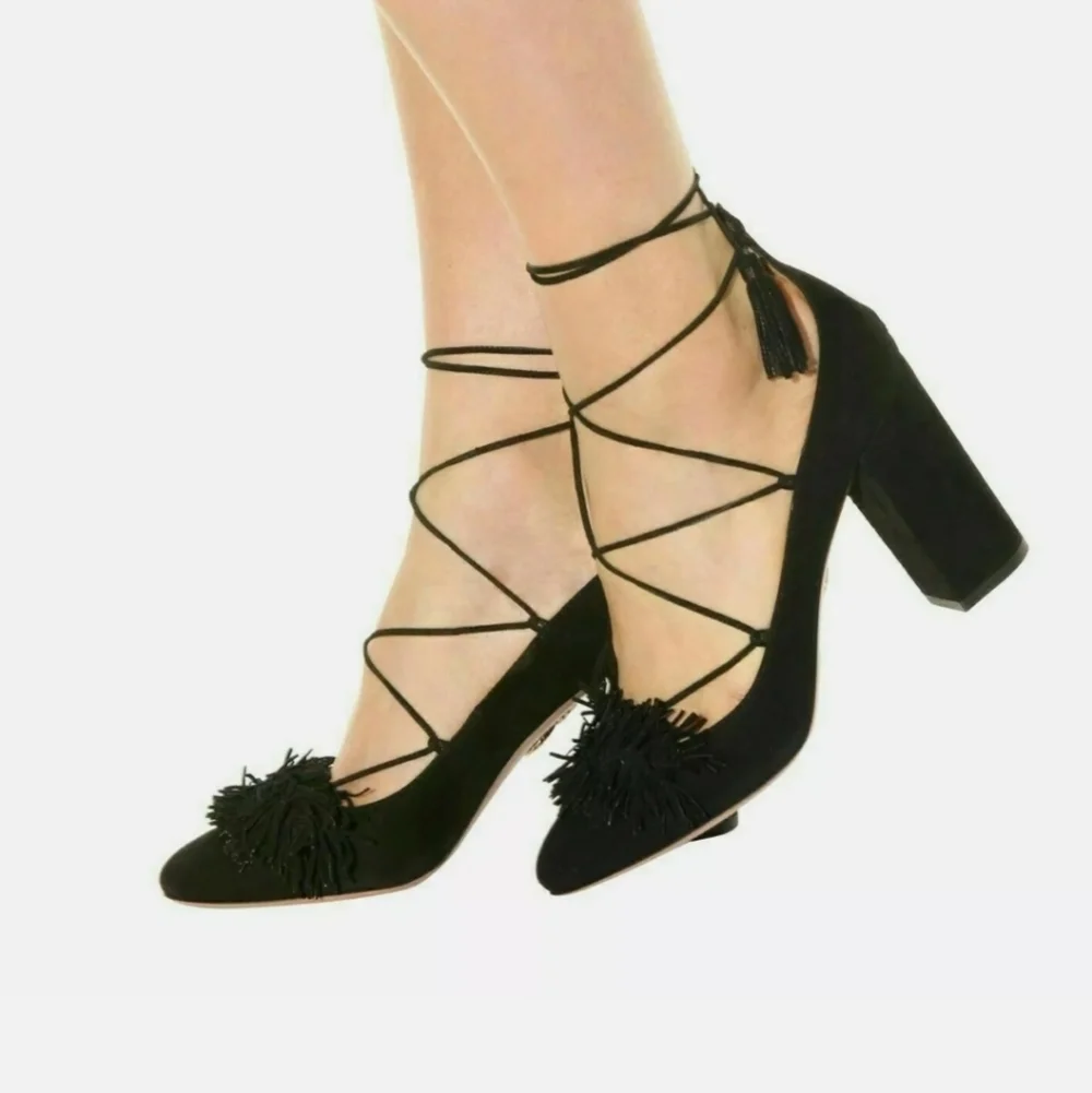 Aquazzura Black Suede Tassel Accents Pumps